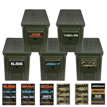 Ammo Label Stickers 5.56 7.62x39 300BLK .45ACP 9MM .223REM .380 - Military Overstock